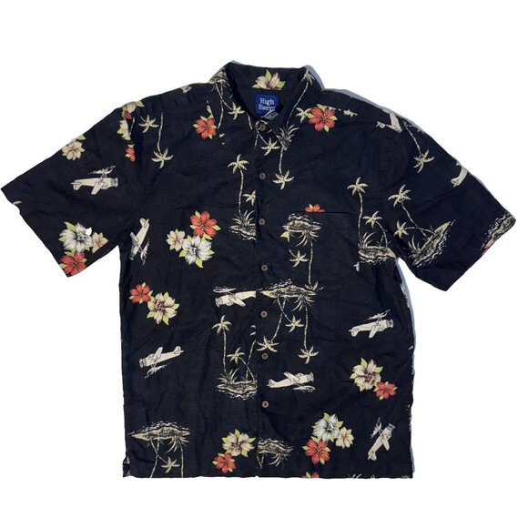 High Sierra Linen Blend Hawaiian Shirt - S Black Seaplane Palm Trees Print - Picture 1 of 4